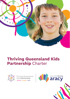 This cover page of the Queensland Kids Partnership Charter shows a smiling young boy, approximately 8 years of age, surrounded by a bright pattern in TQKP brand colours with the combined TQKP and ARACY logos.