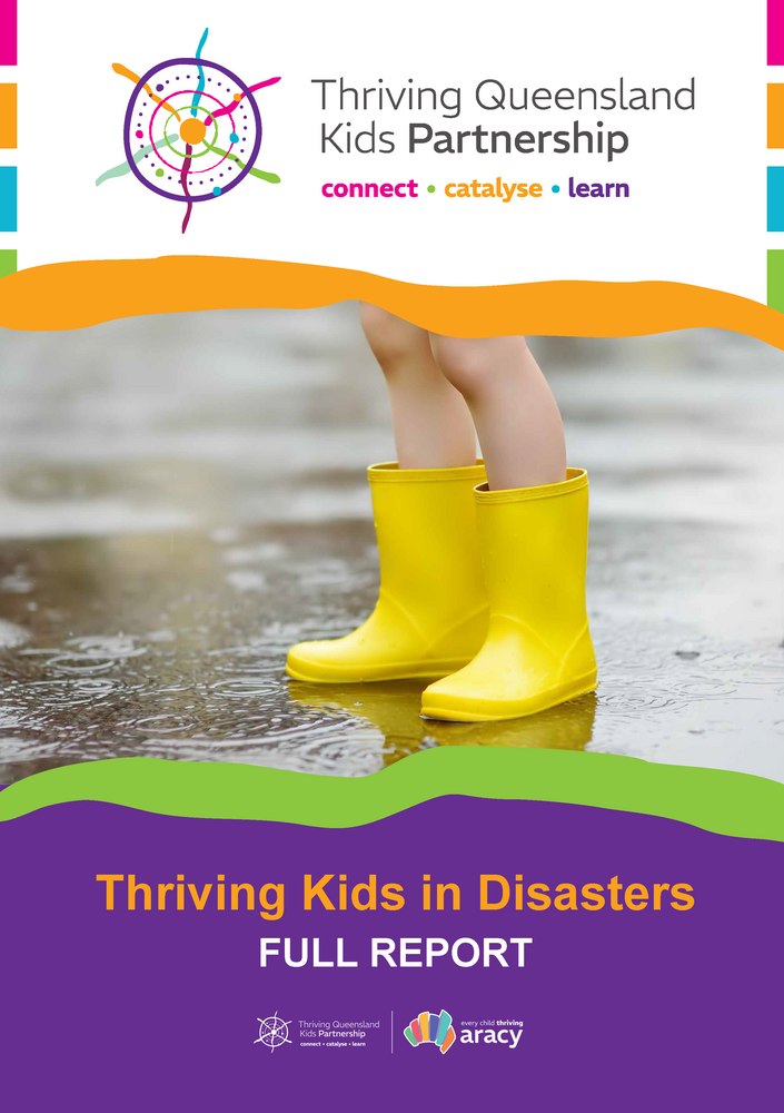 Cover of Thriving Kids in Disasters Report with image of child's feet in yellow gum boots.