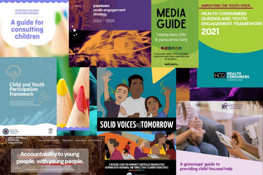 Collage showing covers of Engagement Guides from around Australia