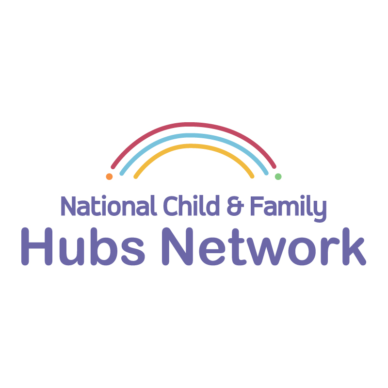 Rainbow shaped logo for National Child & Family Hubs Network on white background