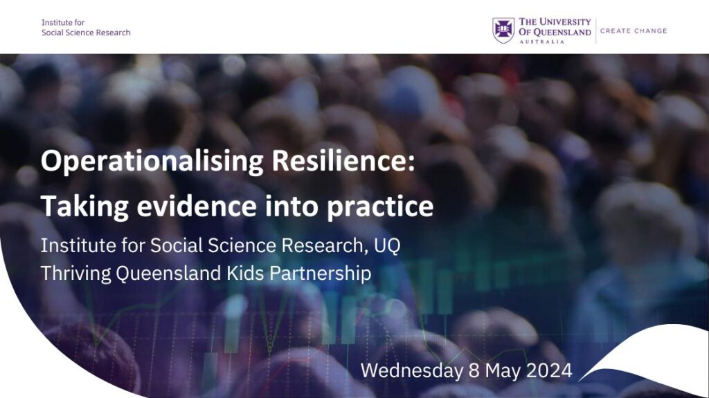 Title slide for presentation: Operationalising Resilience: Taking evidence into practice Institute for Social Science Research, UQ Queensland Kids Partnership Wednesday 8 May 2024
