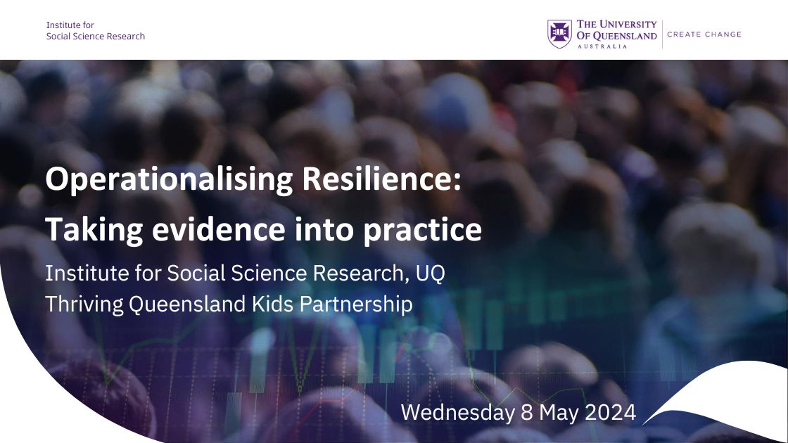 Title slide for presentation: Operationalising Resilience: Taking evidence into practice Institute for Social Science Research, UQ Queensland Kids Partnership Wednesday 8 May 2024