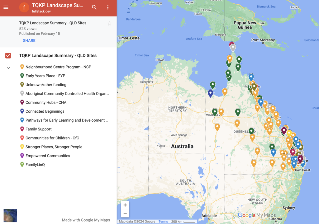 Map of Qld with dots marked on the locations of Child & Family Hubs