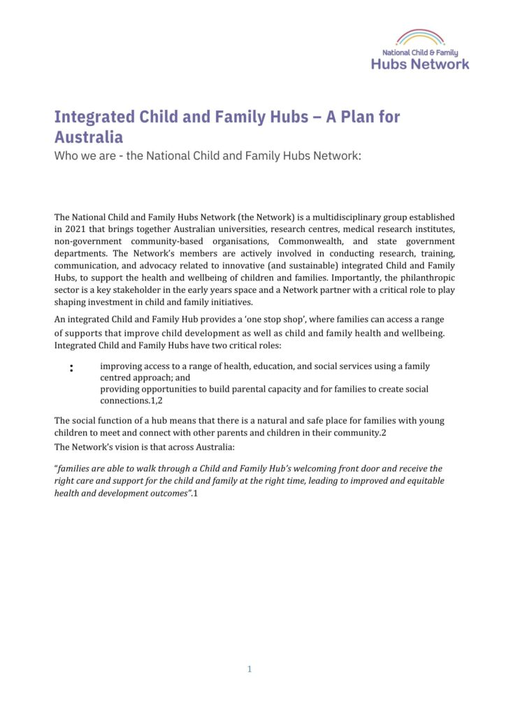 Title black words on white background: National Child & Family Hubs - Submission to Early Years Strategy