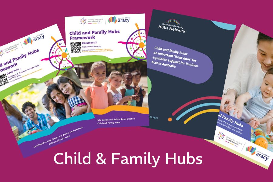 Moroon background with images of 4 documents and title Child & Family Hubs