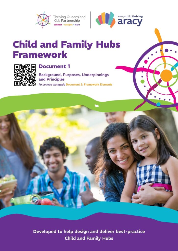 Photo of happy adults & children on cover of Child And Family Hubs Framework Document 1