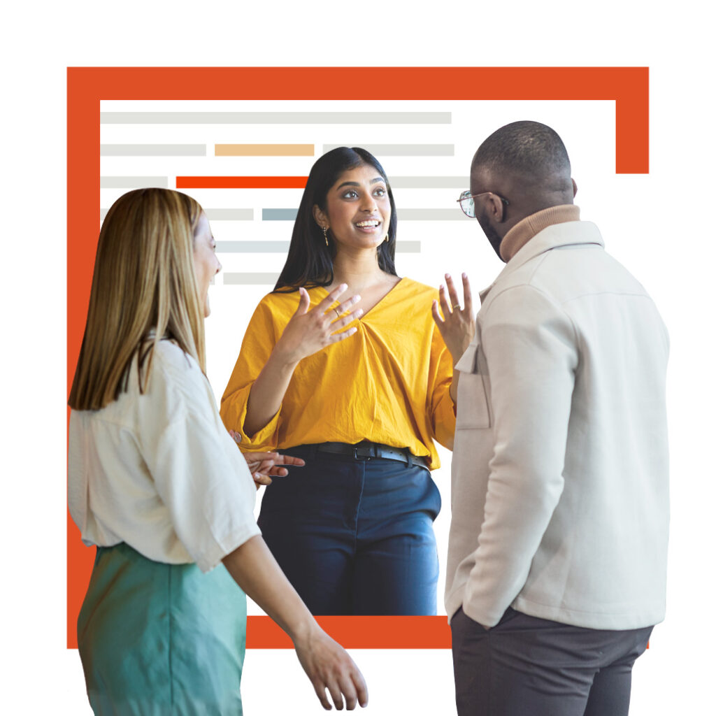 Three people talking
