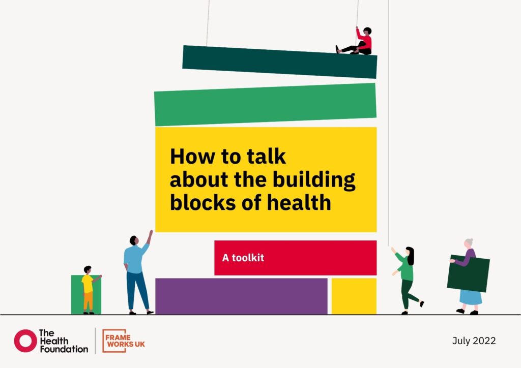 Illustrations of people who are moving blocks around with the title 'How to talk about the building blocks of health' as the title inside a yellow block.