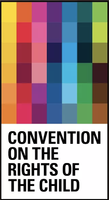 A grid of 42 different coloured boxes above the title: Convention on the Rights of the Child.