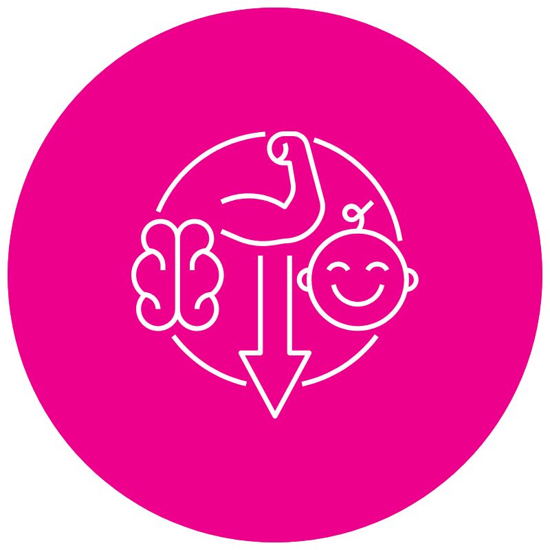 Pink circle icon that contains a brain, a face, and a muscly arm