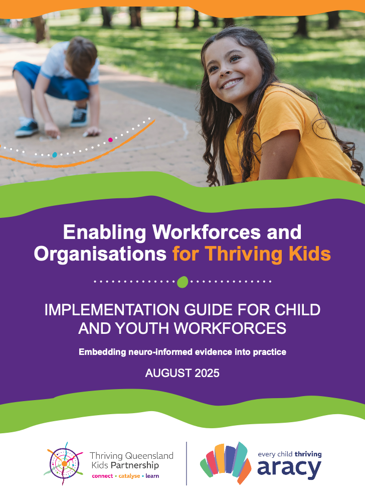 Image of cover of Implementation guide with a picture of smiling girl in foreground and boy drawing on concrete with chalk