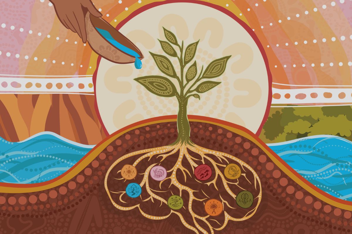 Artwork showing a plant being watered with nodes on the roots that indicate elements of brain development.
