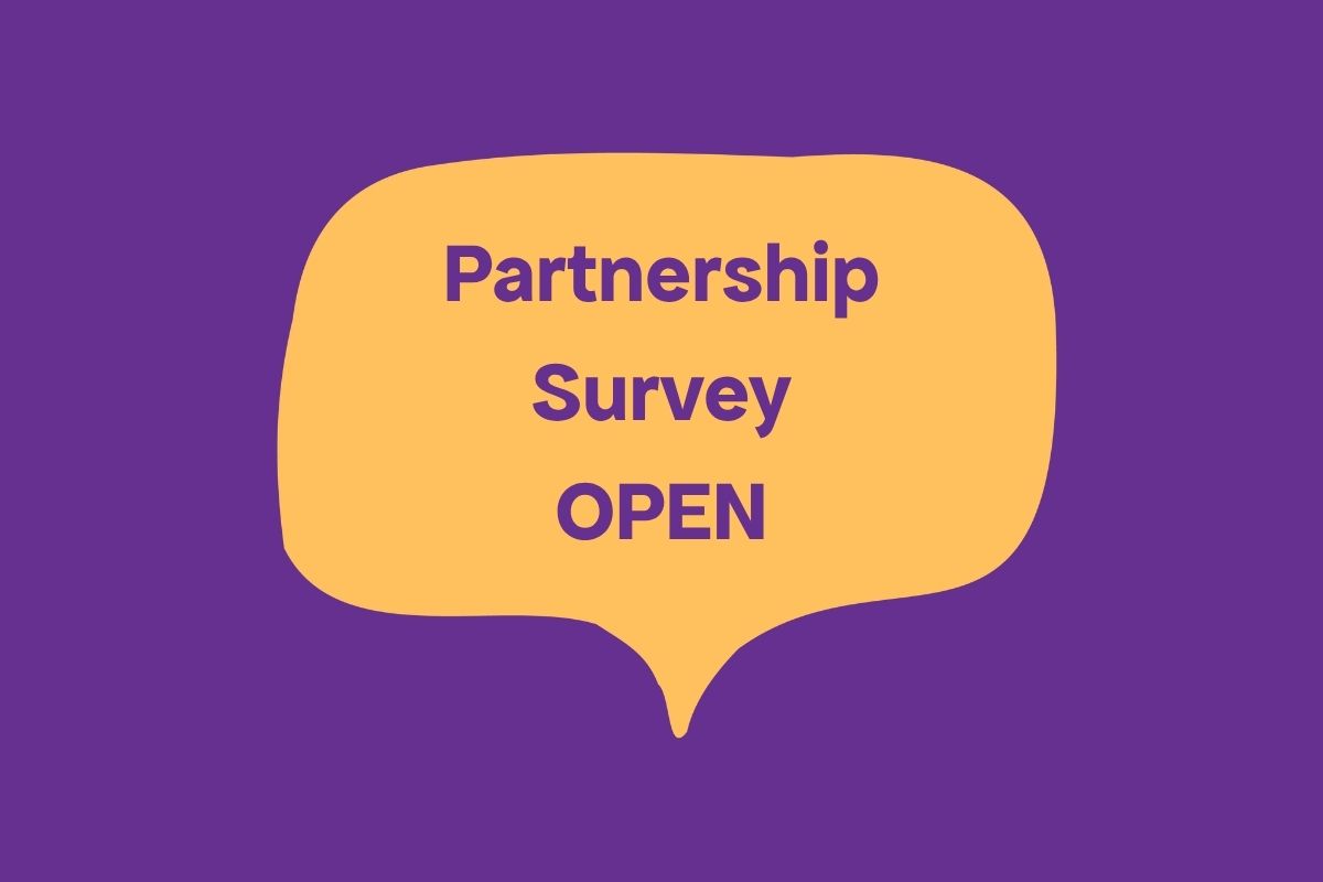 Purple tile with a yellow speech bubble that says Partnership Survey Open