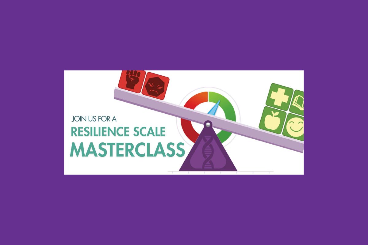 Image of the Resilience Scale with positive green boxes on one side and red boxes on the other and the words - Join us for a Resilience Scale Masterclass