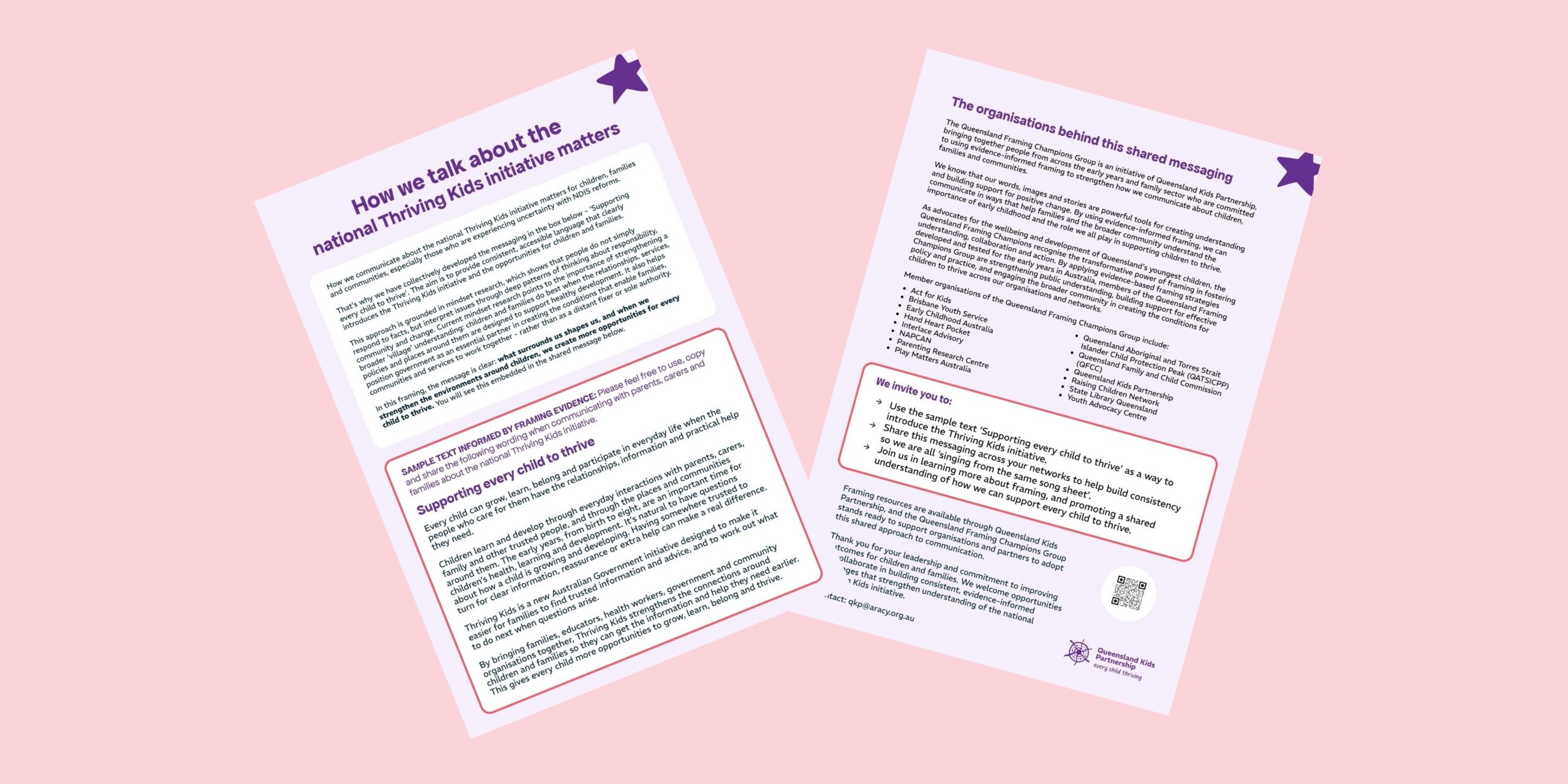 Banner with the front and back of the Thriving Kids framed messages document